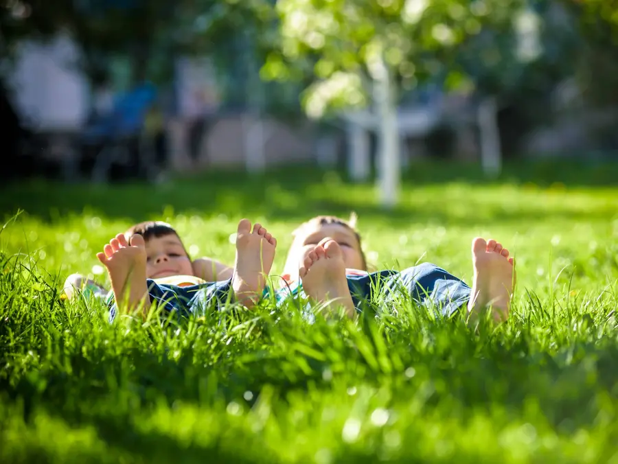 Children laying on grass. Family picnic in spring park Children laying on grass. Family picnic in spring park. Image of several legs lying on the grass and resting. Relaxation happy childhood friendship concept.